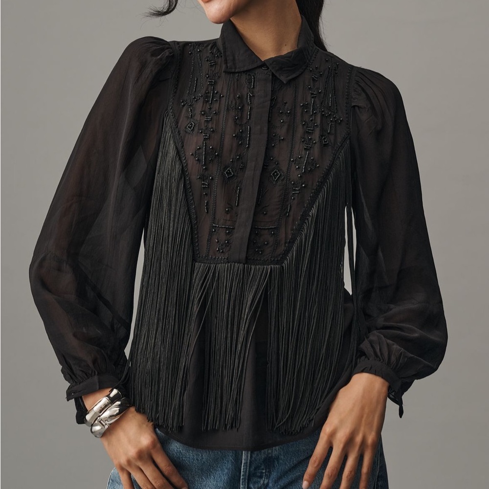 By Anthropologie Long Sleeve Collared Embellished Fringe Blouse